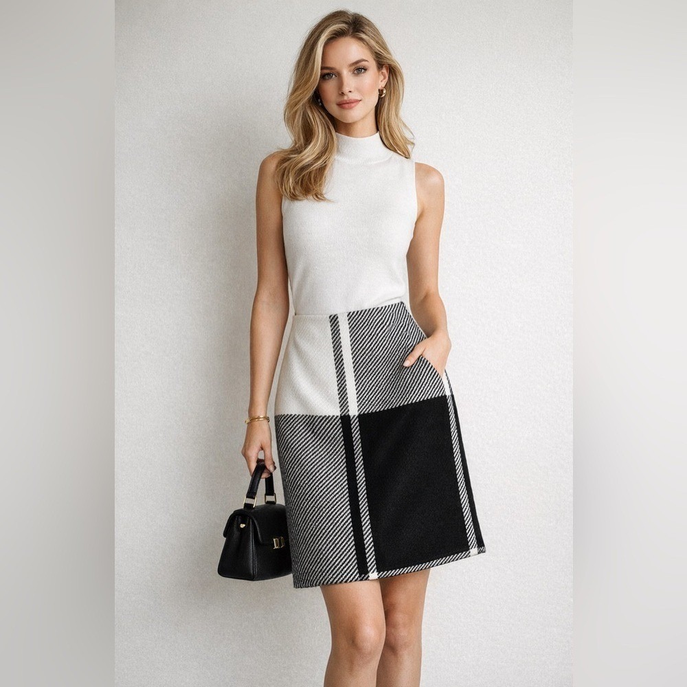 Talbots Petites 8P Black White Plaid Wool Blend‎ A-Line Skirt Preppy Workwear